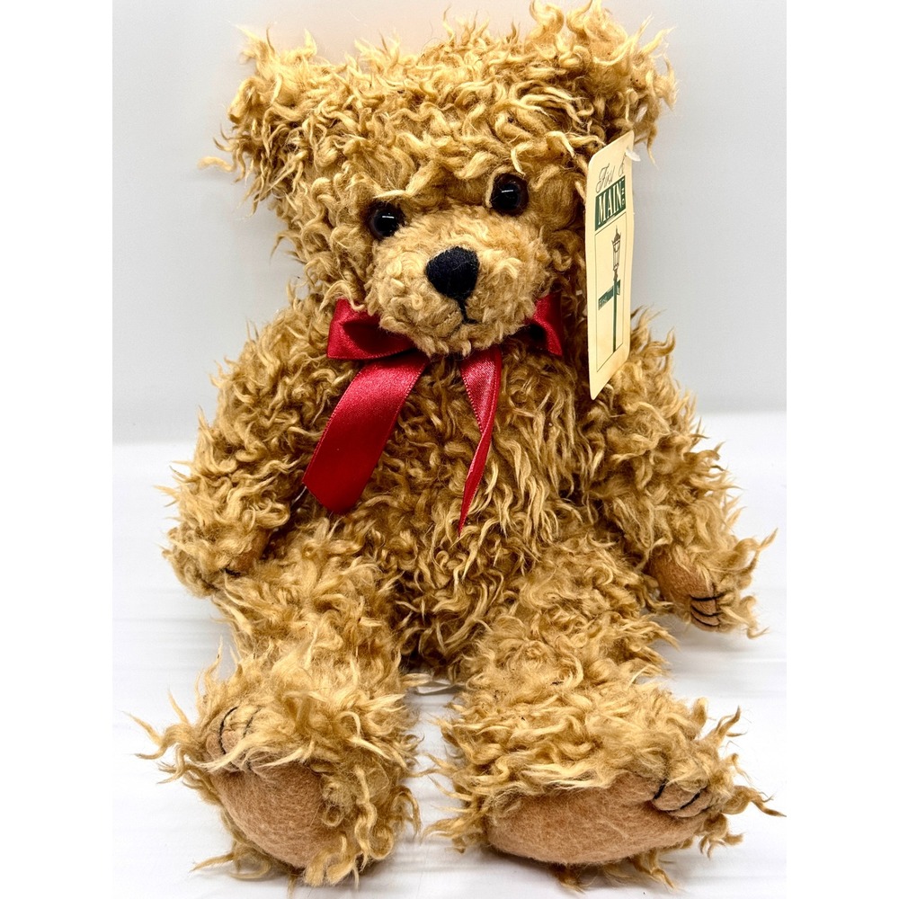 First and Main Scraggles Teddy Bear Shaggy Tan Plush Red Bow 1114 Vintage Style